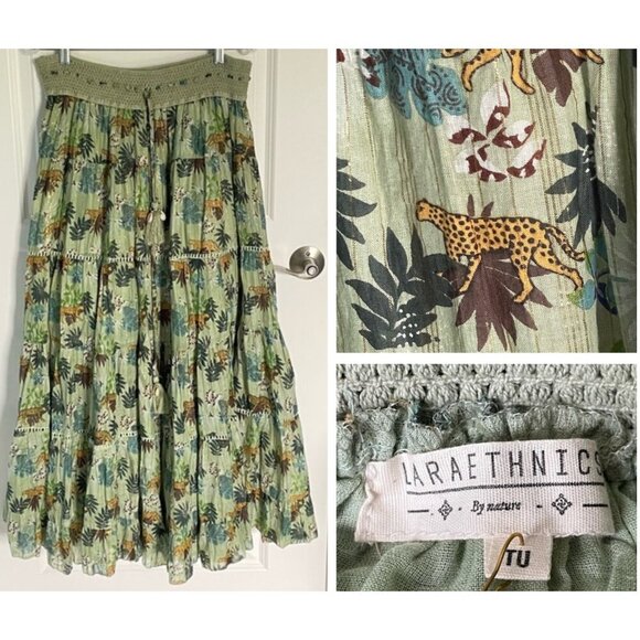 Laraethnics l Cheetah Print Skirt Elastic Waist Tassel Tiered Skirt 35761 - Picture 1 of 14